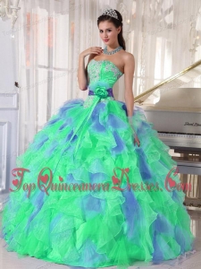 Green and Blue Sweetehart Ruffles and Appliques Modest Quinceanera Dresses
