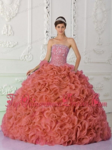 Rust Red Strapless Organza Beading and Ruffled Perfect Quinceanera Dresses