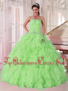 2014 New Spring Green Strapless Ruffles and Beading Puffy Sweet 16 Gowns for Girl