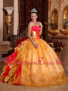 Ball Gown Strapless Floor-length Organza Embroidery Gold Vestidos de Quinceanera