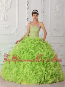 Ball Gown Strapless Organza Yellow Green Puffy Sweet 16 Gowns with Beading