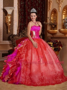 Ball Gown Strapless Ruffles and Beading Embroidery Red SPuffy Sweet 16 Gowns