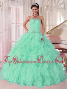 Discount Aqua Blue Ball Gown Strapless Ruching Organza Beading Popular Quinceanera Gowns