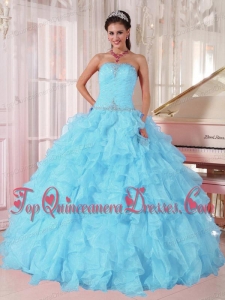 Light Blue Ball Gown Strapless Ruffles Organza Beading Pretty Quinceanera Dresses