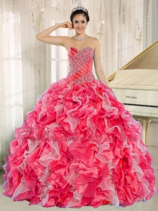 Red and White Vestidos de Quinceanera with Beadeing and Ruffles for Custom Made