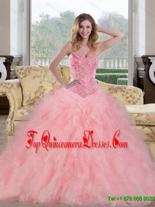2015 Luxurious Baby Pink Quinceanera Dresses with Beading and Ruffles