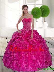 2015 Luxurious Hot Pink Quinceanera Gown with Ruffles and Appliques