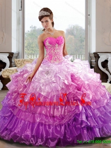 Colorful Sweetheart 2015 Quinceanera Dress with Appliques and Ruffled Layers