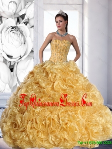 Fashionable Strapless Gold 2015 Quinceanera Dress with Beading and Rolling Flowers