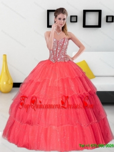 Flirting Beading and Ruffled Layers Sweetheart Coral Red Quinceanera Dresses for 2015
