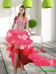 Most Popular Coral Red High low Prom Dresses with Beading and Ruffled Layers