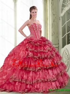 2015 Classical Coral Red Dress for Quinceanera with Pick Ups and Ruffled Layers