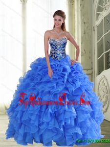 2015 Perfect Beading and Ruffles Strapless Sweet 15 Dresses in Blue