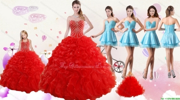 2015 Ruffled Red Quinceanera Gown and Light Blue Sweetheart Beading Prom Dresses and Halter Top Beaded Flower Girl Dress