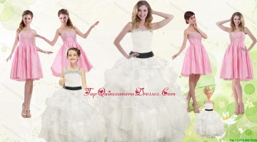 White Strapless Beading Quinceanera Dress and Baby Pink Short Beading Prom Dresses and Affordable Little Girl Pageant Dress with Beading and Ruffles