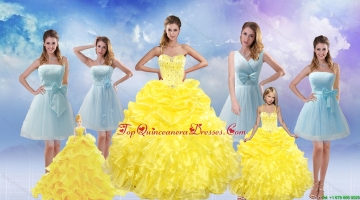 Yellow Sweetheart Rufflers Beading Quinceanera Dress and Bownot Short Prom Dresses and Yellow Spaghetti Straps Beading Pageant Dresses for Little Girl