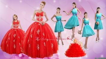 2015 Elegant Appliques Red Quinceanera Dress and Turquoise Short Dama Dresses and Halter Top Ball Gown Little Girl Dress