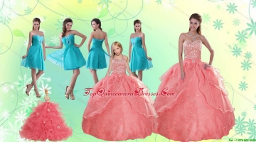 Beading Watermelon Quinceanera Gown and Baby Blue Short Dama Dresses and Halter Top Watermelon Little Girl Dress