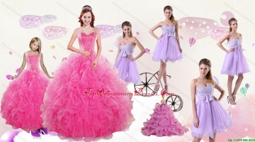 Popular Beading and Ruffles Quinceanera Dress and Bownot and Beading Short Dama Dresses and Pink Floor Length Little Girl Dress