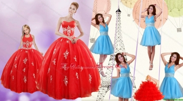 Sweetheart Ball Gown Red Quinceanera Gown and V Neck Beading Short Prom Dresses and Red Halter Top Little Girl Dress