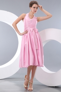 Halter Bowknot Dama Dresses Pink Tea-length Taffeta Beading