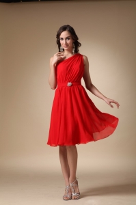 One Shoulder Dama Dress Red A-line Knee-length Chiffon Beaded