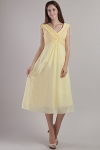 Tea-length Dama Dress for Quince Yellow Empire V-neck Chiffon