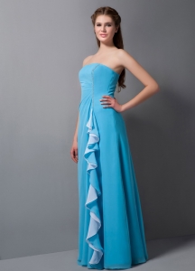 Baby Blue Dama Party Dress Ruffles Column Strapless Chiffon