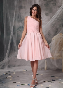 One Shoulder Dama Dress Knee-length Baby Pink Empire Chiffon