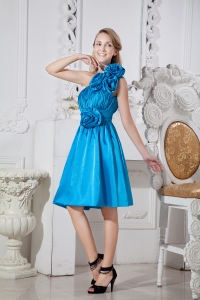 Blue One Shoulder Taffeta Hand Made Flowers Dama Dresses