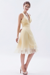 V-neck Halter Dama Dress for Quince Champagne Knee-length Ruch