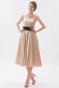 Satin Sash Dama Dresses Champagne One Shoulder Tea-length