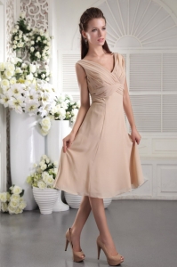 V-neck Pleat Dama Dresses Champagne Empire Tea-length Chiffon