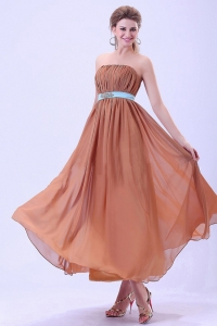 Ruching Chiffon Dama Dress Custom Made Rust Red with Blue Belt