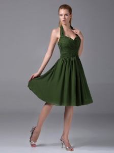 Olive Green Dama Dres Halter Ruched Chiffon Knee-length