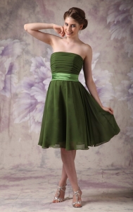 Olive Green Dama Dress Strapless Knee-length Chiffon Sash Empire