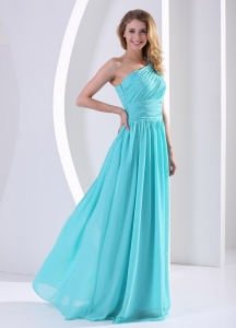 One Shoulder Dama Dresses Ruched Aqua Blue Side Zipper