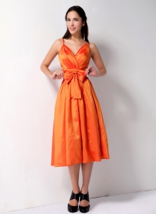 Spaghetti Straps Dama Dress Tea-length Taffeta Bow Orange