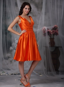 Orange Red V-neck Dama Dress Knee-length Taffeta Ruched