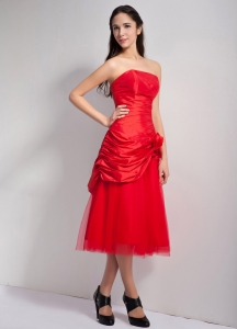 Tea-length Dama Dress Red A-line Strapless Hand Made Flowers