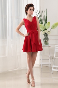 Red V-neck Straps Dama Dress Ruched Chiffon Mini-length