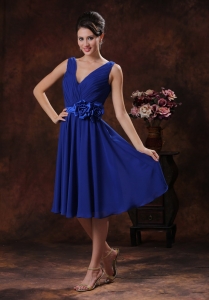 Royal Blue Dama Bridesmaid Dress V-neck Flowers and Ruch