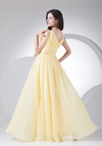 Light Yellow Party Dama Dress Chiffon V-neck Ruching Empire