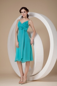 Spaghetti Straps Dama Dress Turquoise Knee-length Chiffon Bow