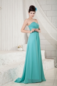 Turquoise Sweetheart Brush Train Chiffon Ruched Dama dresses