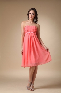 Watermelon Red Dama Dress Strapless Knee-length Chiffon Ruch