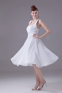 Simple Tea-length Dama Dress White Halter Empire Chiffon