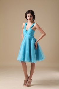 Deep V-neck Knee-length Organza Aqua Quinces Dama Dresses