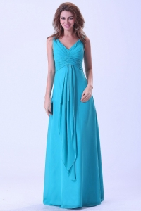 V-neck Chiffon Aqua Blue Dama Dresses Floor-length Custom Made