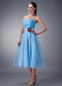 Baby Blue Strapless Tea-length Chiffon Sash Dama Dress for quinces